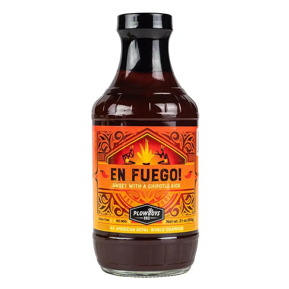 Plowboys BBQ En Fuego sauce 21oz bottle with vibrant red label and spicy chili flavor, perfect for grilling and marinating