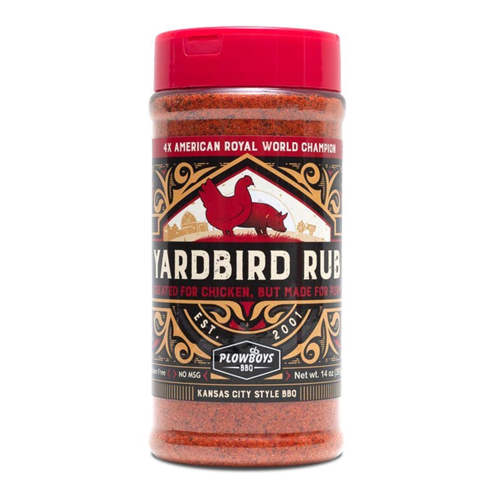 Plowboys Yardbird Rub 14oz jar with black lid, orange and white label, textured seasoning blend for pork and poultry