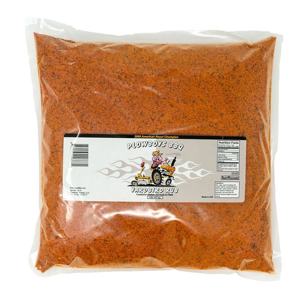 Plowboys Yardbird Rub 5lb bag with black and red label, granular poultry and pork seasoning in plastic pouch