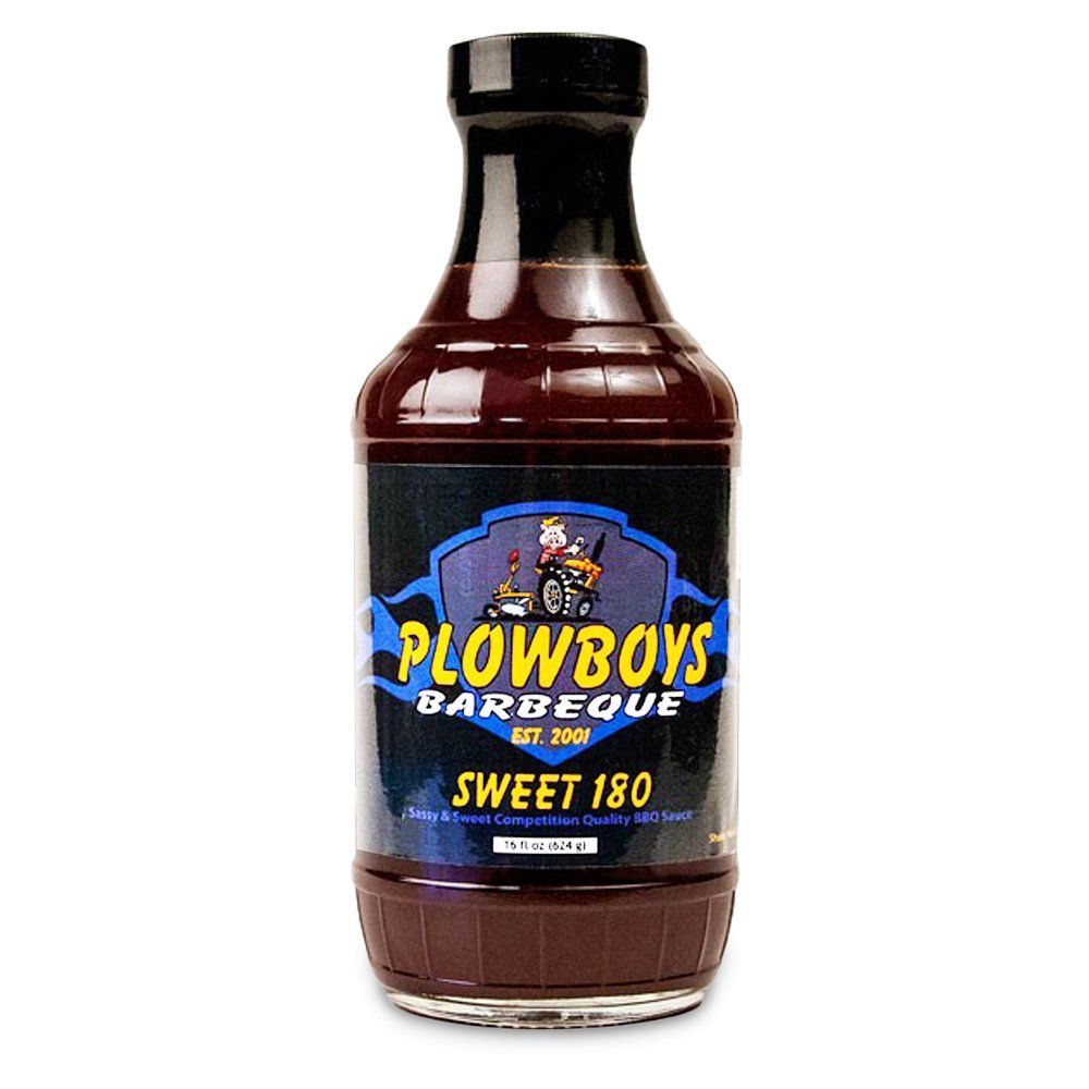 Close-up of Plowboys Sweet 180 BBQ Sauce 16oz label highlighting ingredient list and handcrafted design details