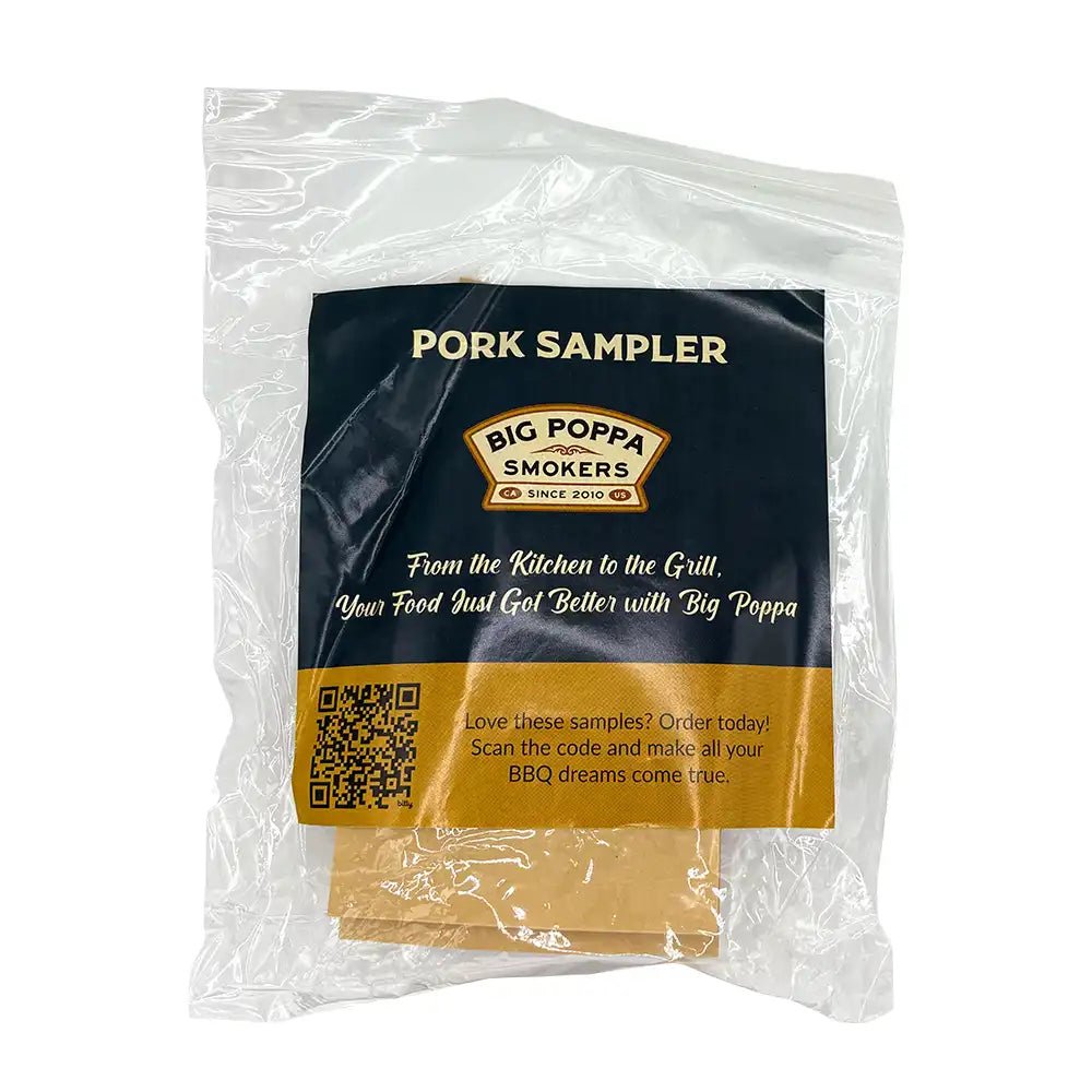 Close-up of Pork Sampler Pack featuring assorted rubs and sauces with colorful labels and textured glass bottles