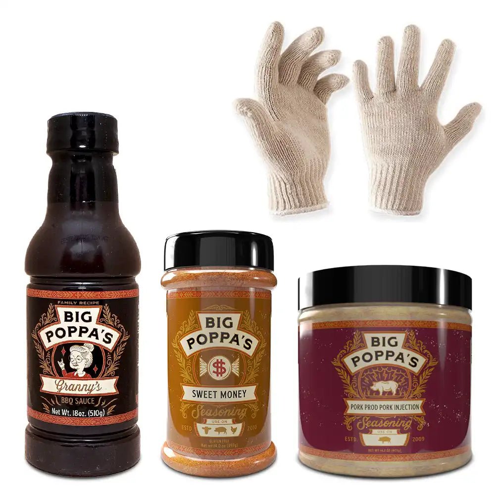 Big Poppa Smokers Holiday Pork BBQ Gift Bundle with smoked pork sausages, pulled pork seasoning, and barbecue sauces in