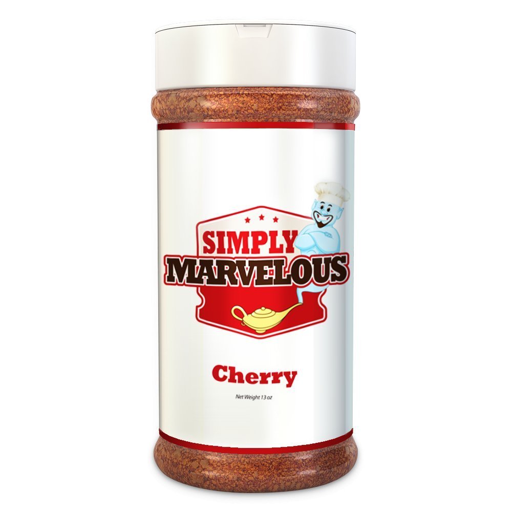 Simply Marvelous BBQ Cherry Rub 13oz jar with vibrant red seasoning blend for grilled meats and seafood