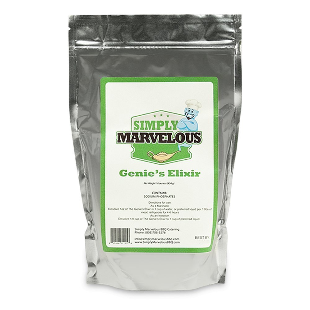 Simply Marvelous BBQ Genie's Elixir 16oz bottle with organic ingredients for pork, poultry, and seafood rubs and sauces