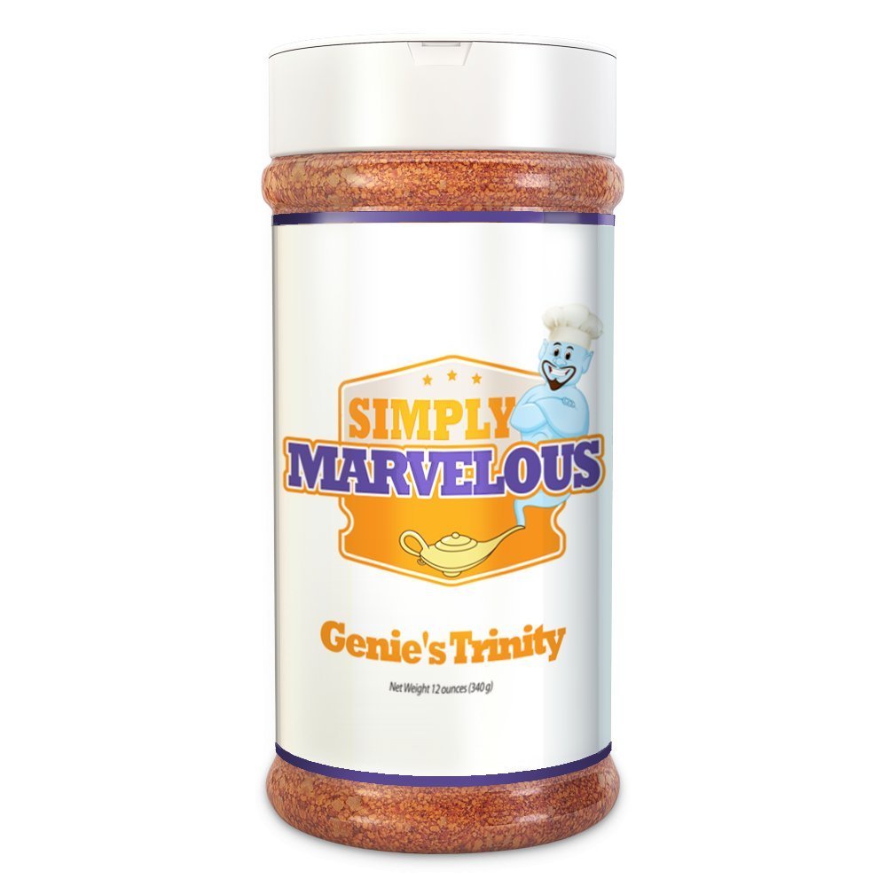 Simply Marvelous BBQ Genie's Trinity Rub 12oz jar with handcrafted spice blend for beef, pork, and poultry grilling
