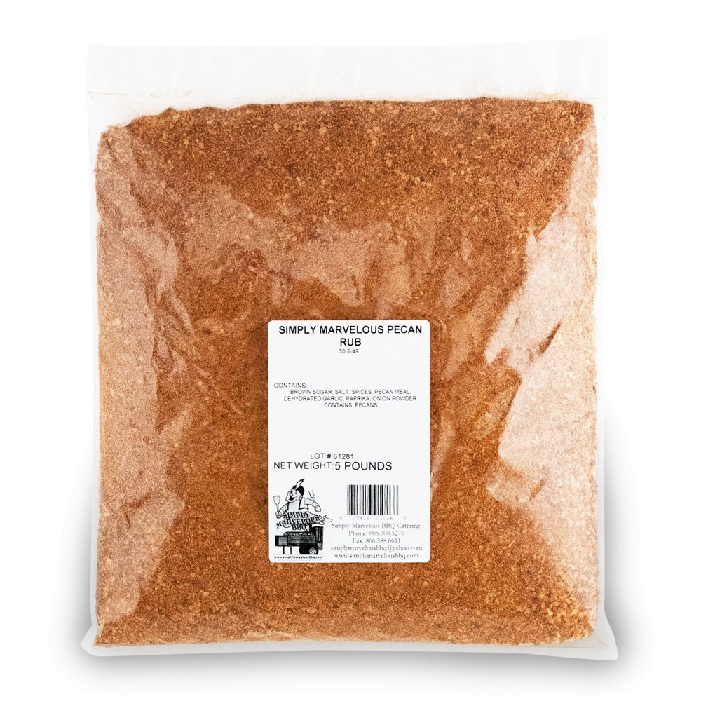 Simply Marvelous BBQ Pecan Rub 5lb bag with ground pecans and spices for beef, pork, poultry, and seafood grilling