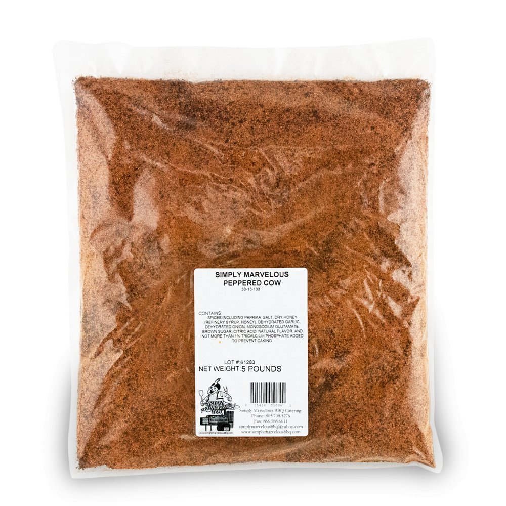 Simply Marvelous BBQ Peppered Cow Rub 5lb bag with coarse black pepper, paprika, and natural herbs for beef grilling