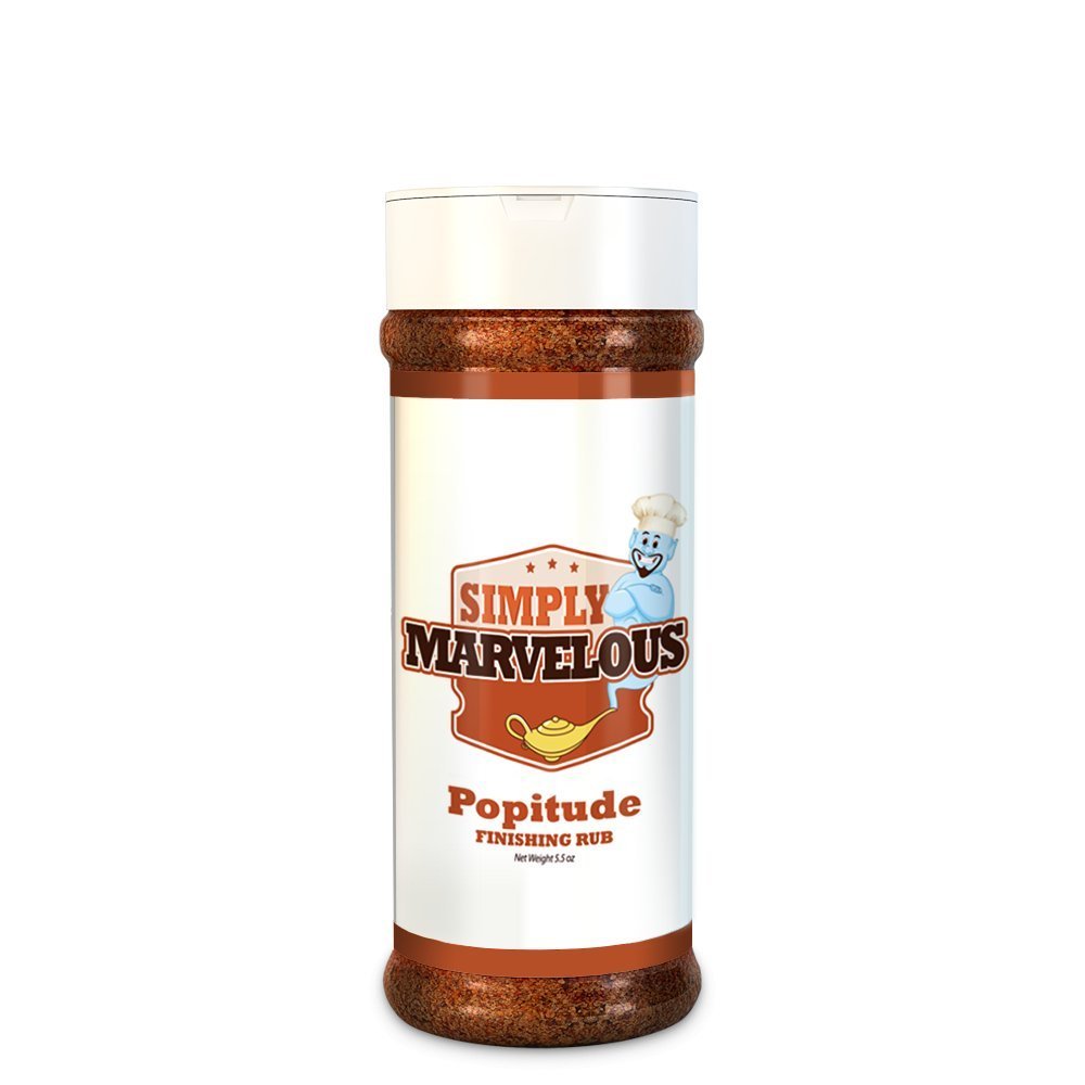 Simply Marvelous BBQ Popitude Finishing Rub 5.5oz container with organic ingredients for beef, pork, and poultry grilling