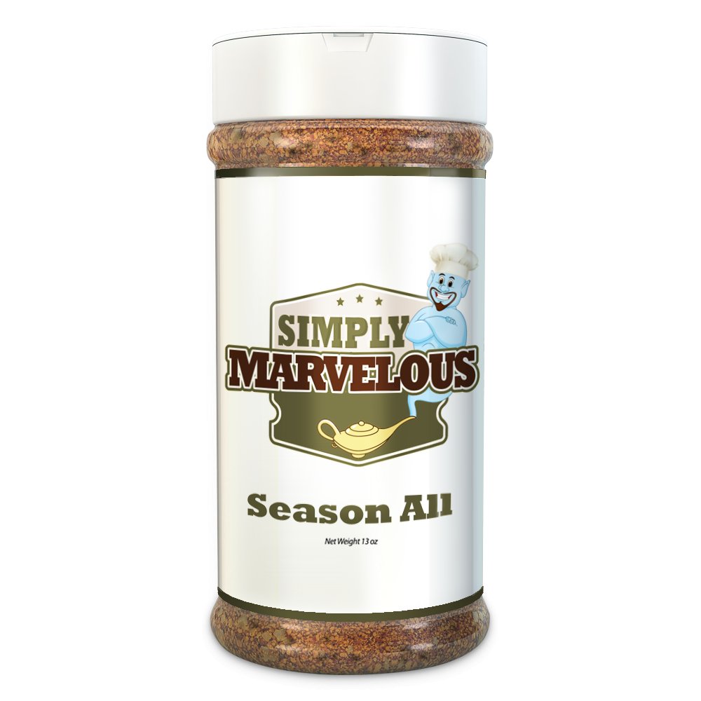 Simply Marvelous BBQ Season All Rub in 13oz jar with spice blend for beef, pork, poultry, seafood, and vegetables