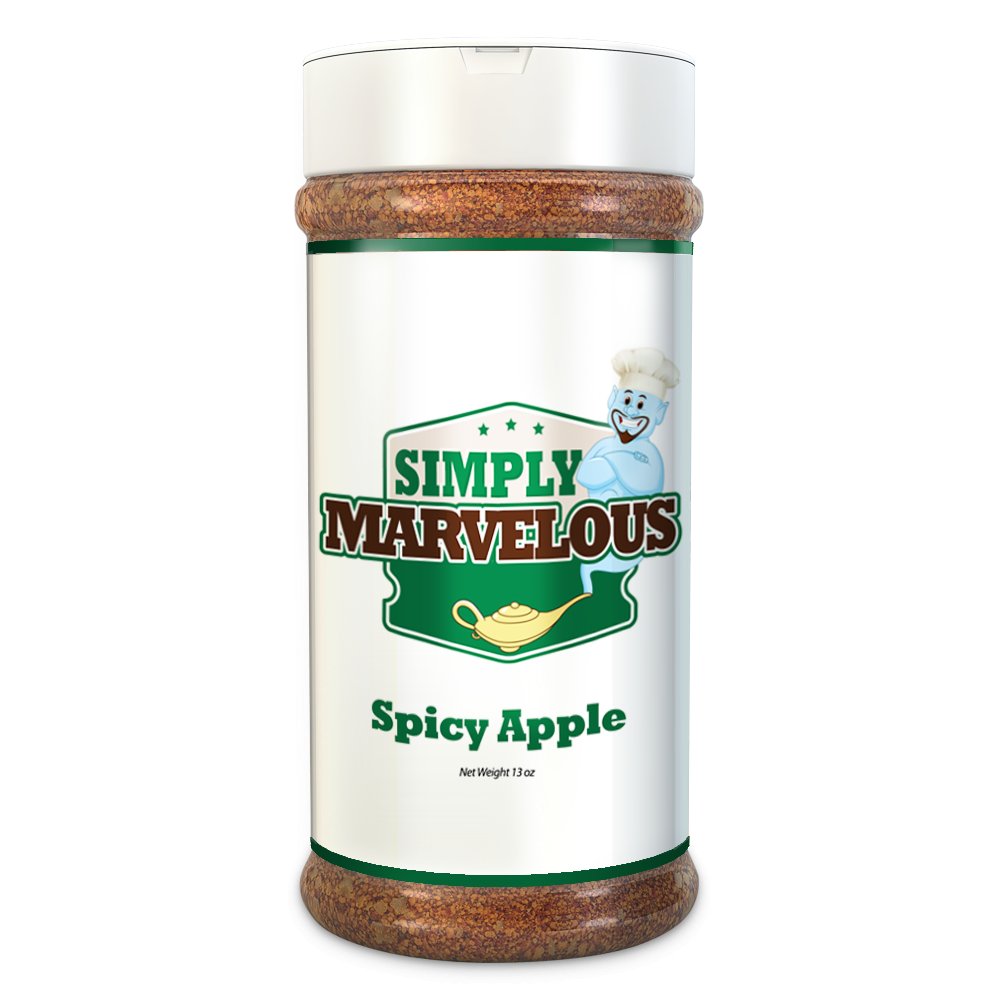 Simply Marvelous BBQ Spicy Apple Rub 13oz jar with red seasoning blend for beef, pork, poultry, and seafood dishes