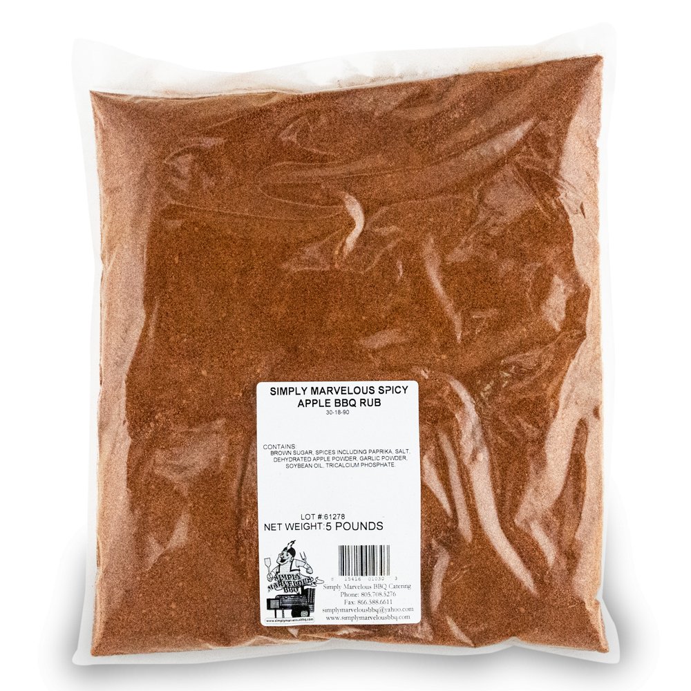 Simply Marvelous Spicy Apple BBQ Rub 5lb bag with vibrant red and golden spice blend for beef, pork, poultry, and seafood