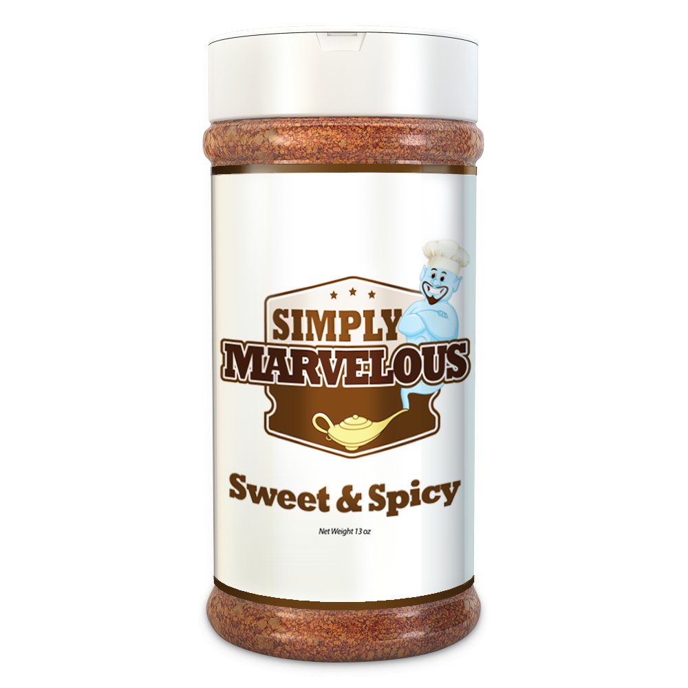 Simply Marvelous BBQ Sweet & Spicy Rub 13oz jar with handcrafted spice blend for beef, pork, and poultry grilling