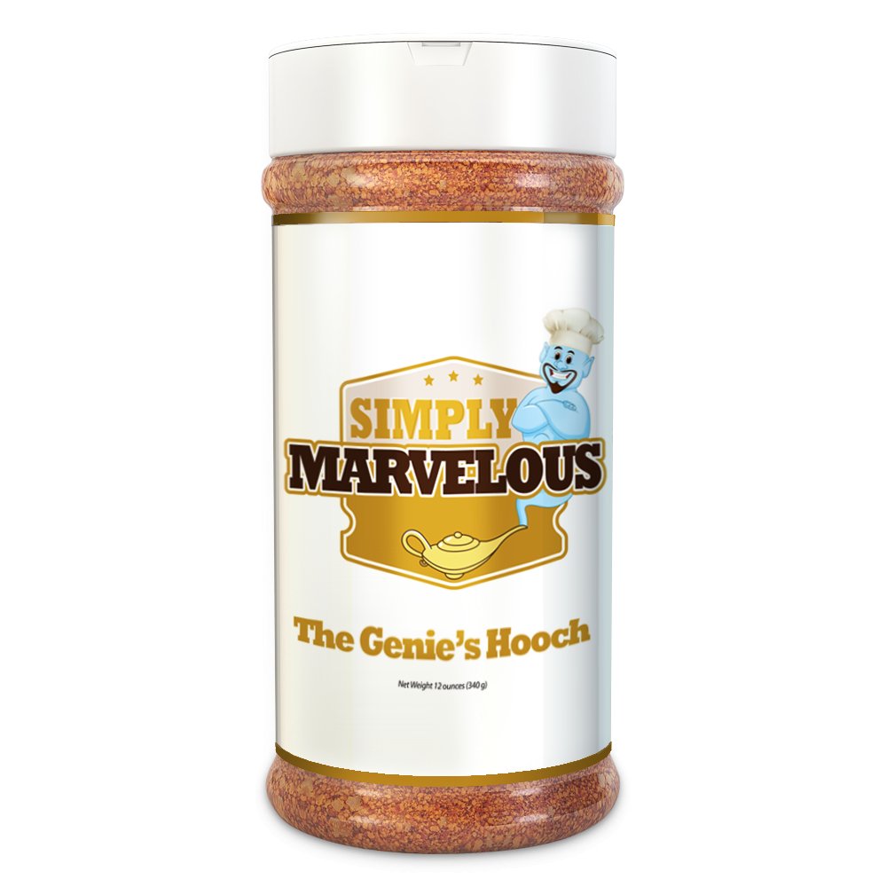 Simply Marvelous The Genie's Hooch Rub 12oz jar with black lid, handcrafted blend of spices for beef, pork, and poultry
