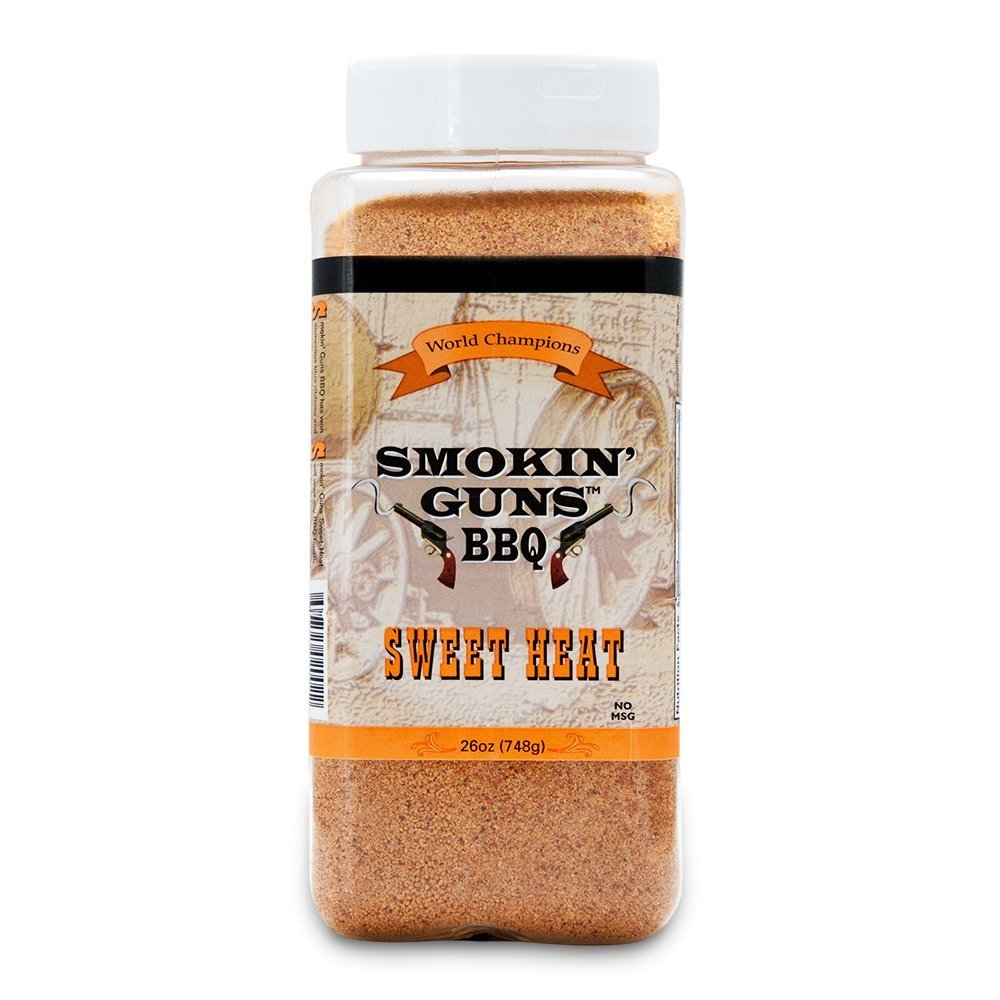 Smokin' Guns BBQ Sweet Heat Rub 26oz jar with textured spice blend for beef, pork, and poultry grilling