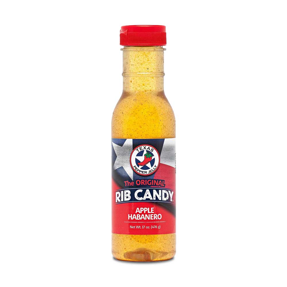 Texas Pepper Jelly Apple Habanero Rib Candy 12oz jar with red and orange pepper jelly and clear glass container with label