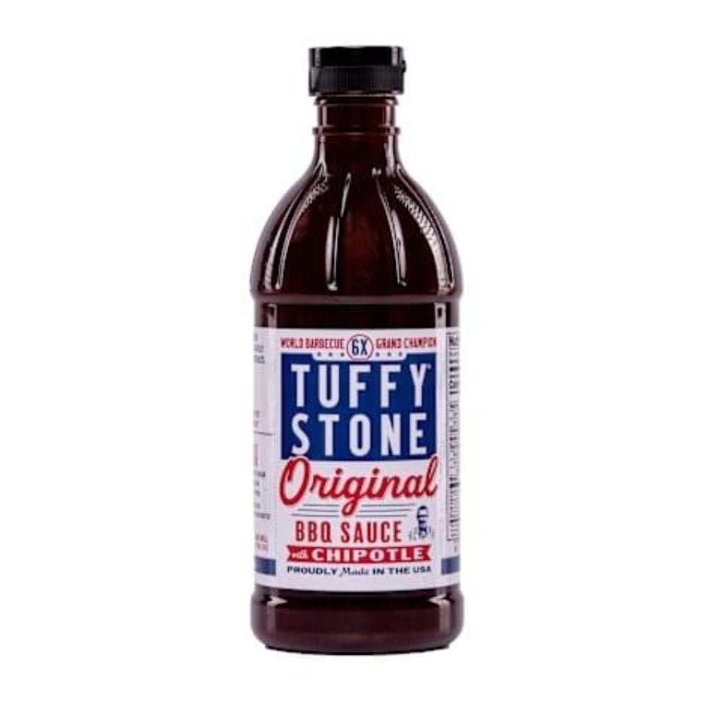 Tuffy Stone BBQ Sauce with Chipotle 16oz glass bottle featuring smoky chipotle peppers and rich, tangy sauce for grilling