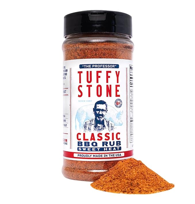 Close-up of Tuffy Stone BBQ Rub label highlighting organic ingredients and handcrafted recipe details