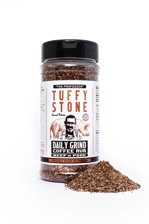 Close-up of Tuffy Stone Daily Grind Coffee Rub label highlighting ingredients and hand-crafted details on the 9.34oz jar