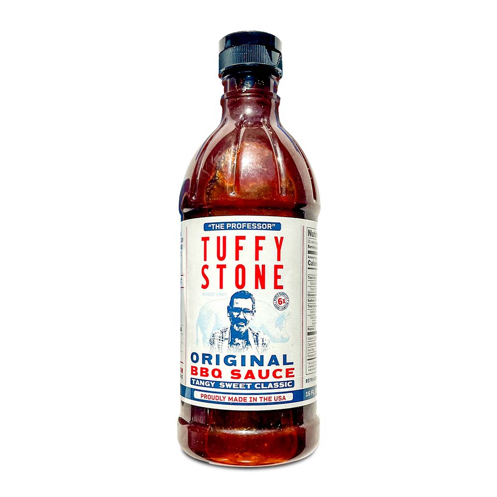 Tuffy Stone Original BBQ Sauce 16oz bottle with rustic label showcasing hand-crafted, locally-sourced ingredients for smoky