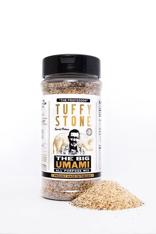 Close-up of the Tuffy Stone Big Umami All Purpose Mix jar lid revealing textured surface and clear branding details