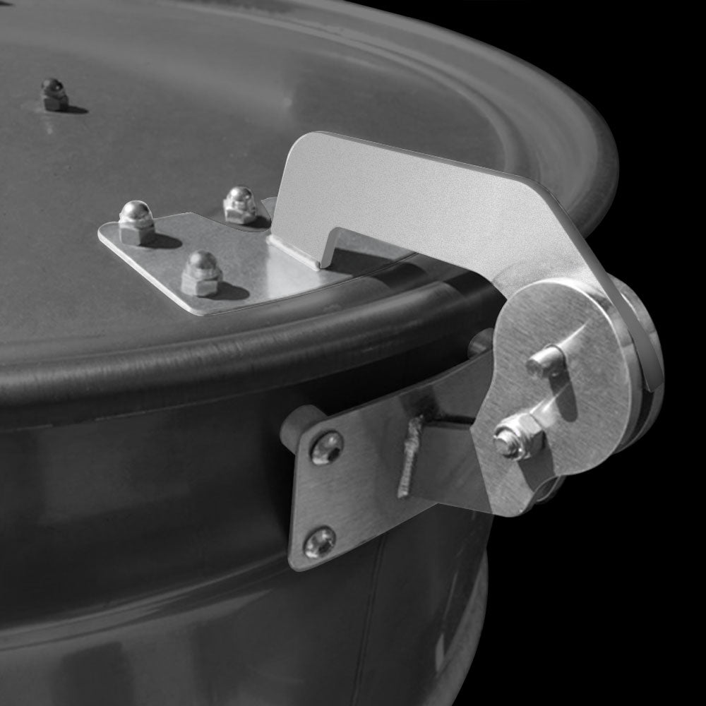 Unknown BBQ drum smoker lid hinge in stainless steel with textured finish and adjustable pin for secure attachment