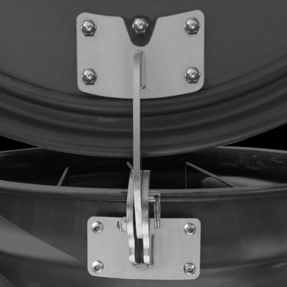 Close-up of the black metal hinge with textured surface and precise pin detail on the BBQ drum smoker lid, showing