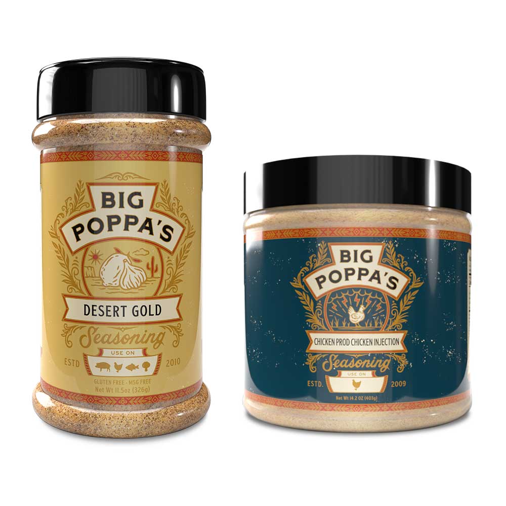 Big Poppa Smokers Winner Winner Chicken Dinner Bundle with 3 colorful sauce jars and spice rub containers on a black