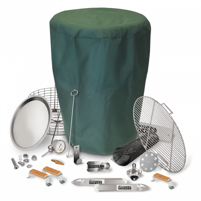 Big Poppa Smokers BPS DIY Drum Smoker Kit Pro Package with black painted steel drum, stainless steel components, and wooden